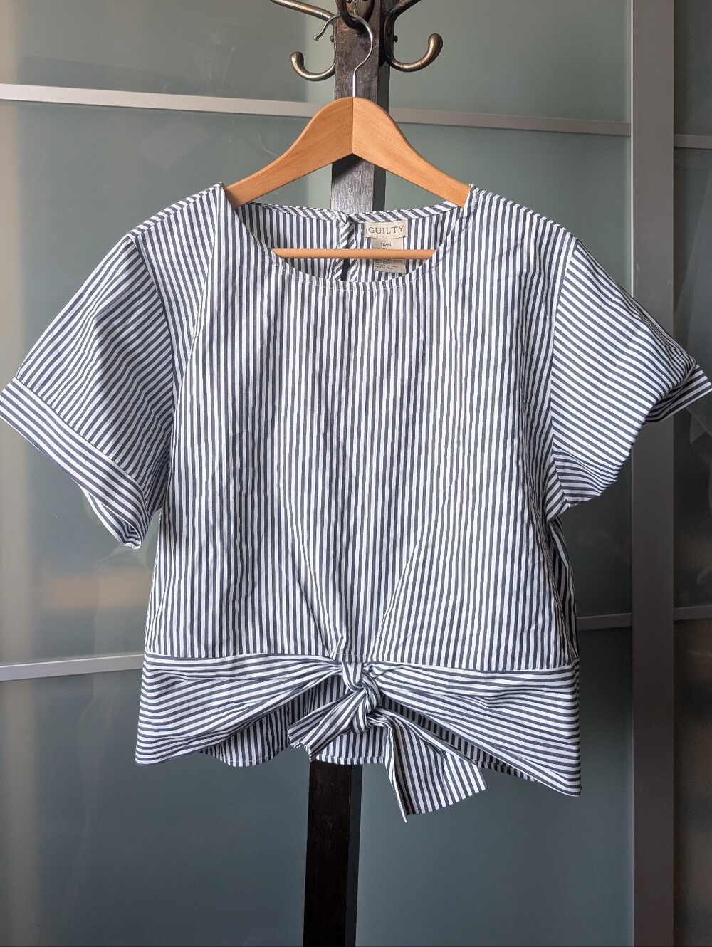 Guilty Navy and White Striped Tie-Front Short Sleeve Top - XL